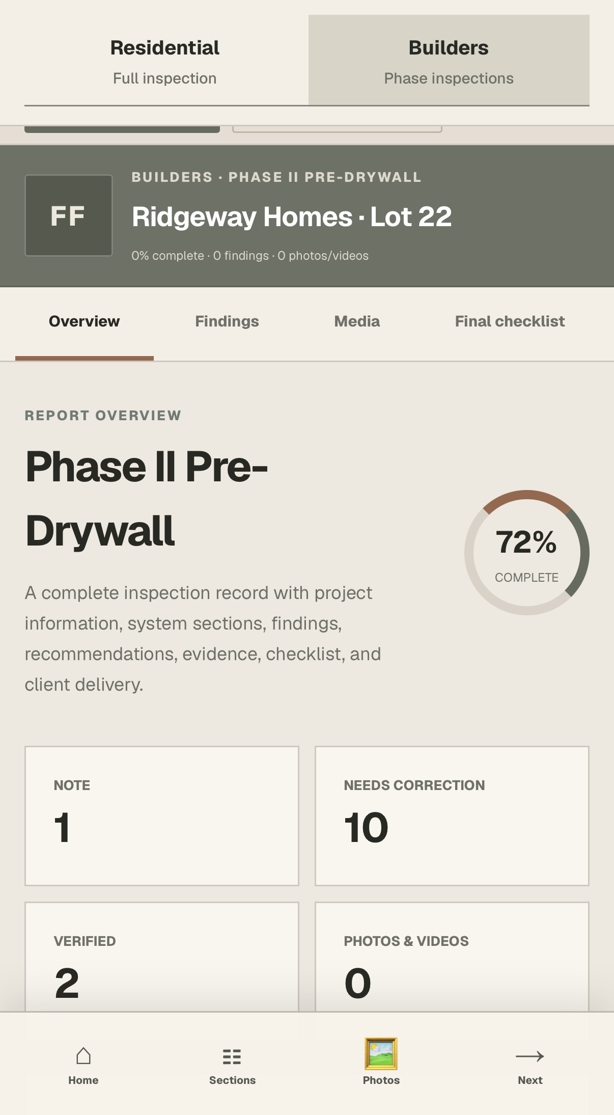 Inspection reporting application showing a phase inspection report, progress, findings, media, and final checklist