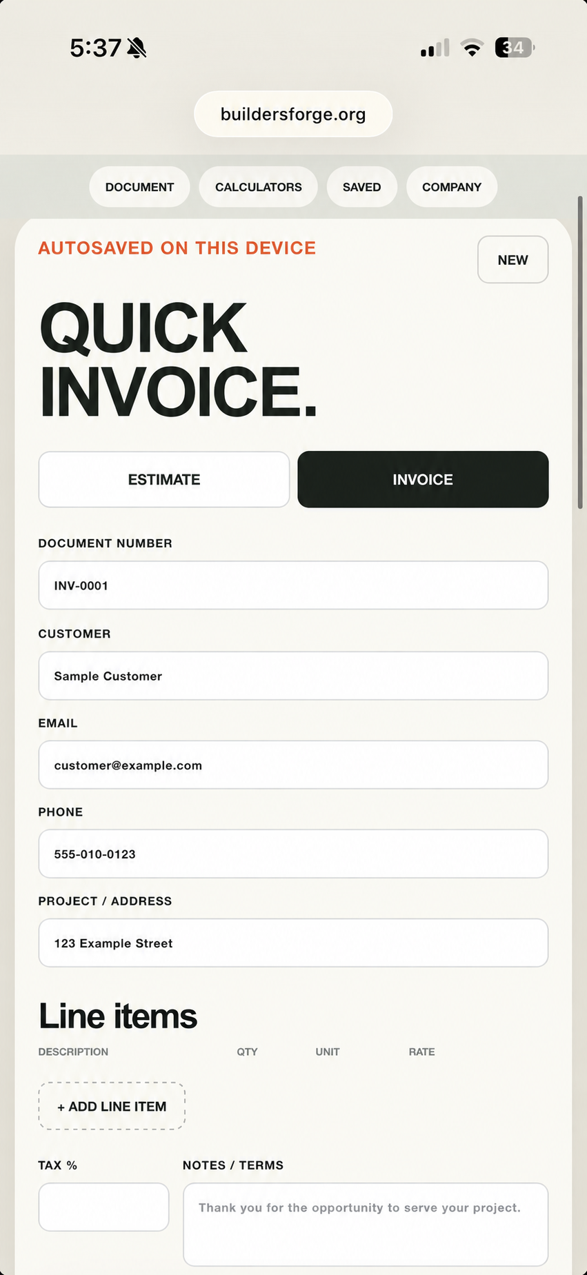 Mobile Offline Quotes and Invoices tool showing a sample invoice with customer, line items, and document controls