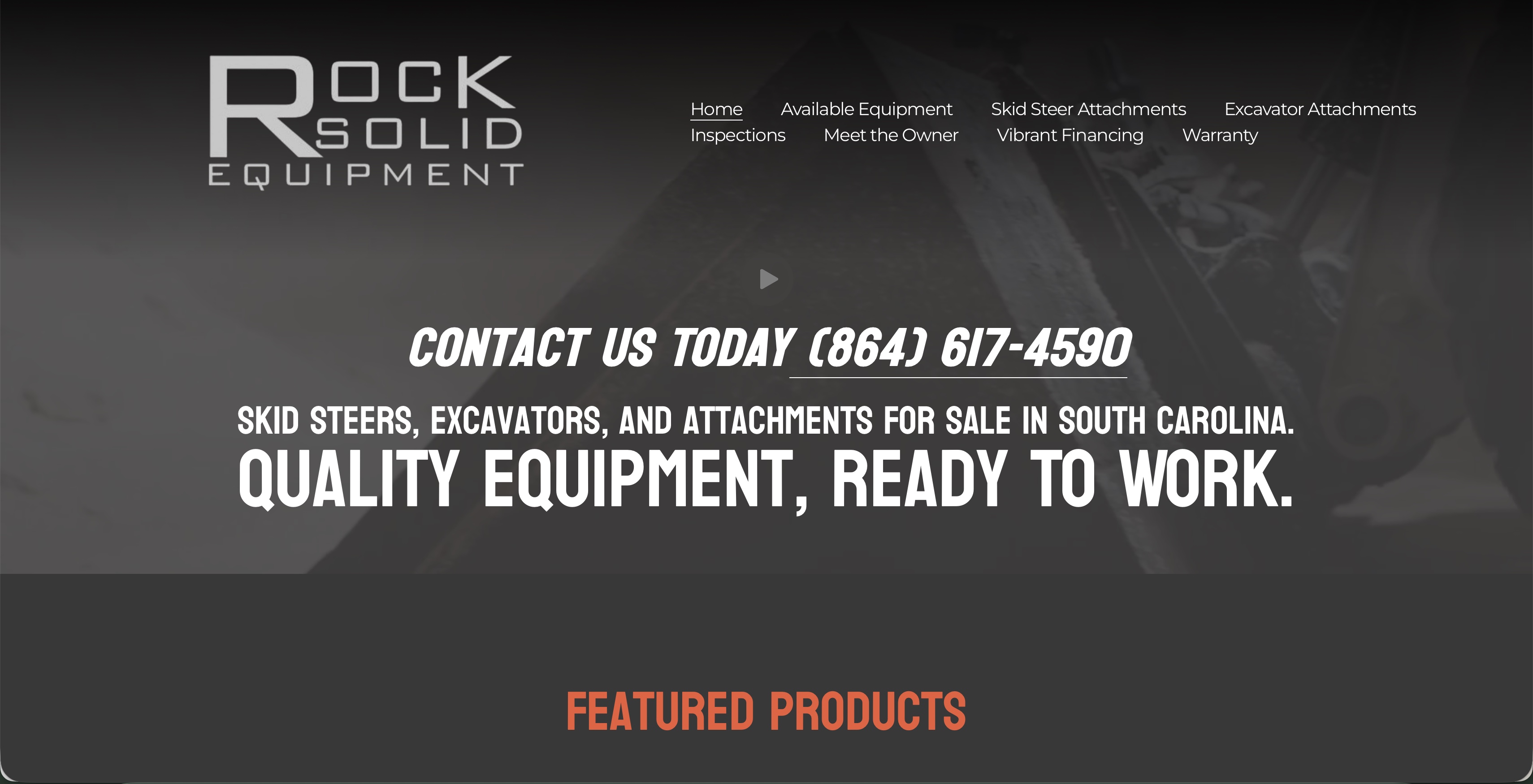 Rock Solid Equipment homepage showing its real logo, navigation, equipment photography, and featured products